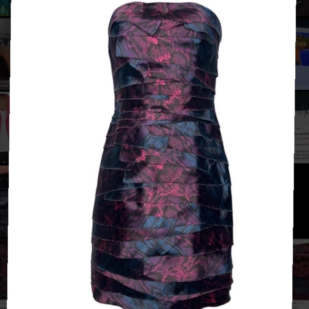 bebe Strapless Ruffled Mini Dress in Navy and Magenta